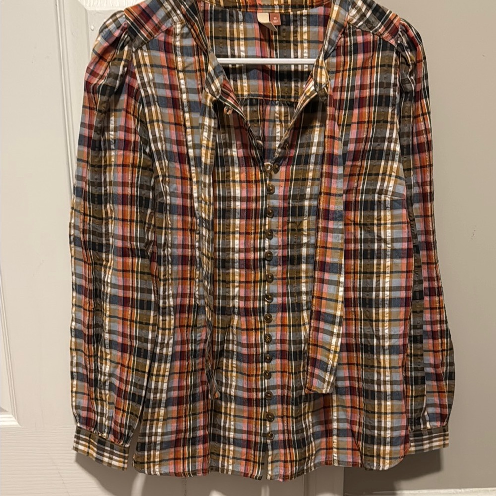 Anthropologie Pilcro Plaid Button-Up Shirt with Tie Collar - XS